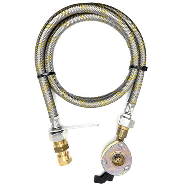 1.5 Meter Flexible Reinforced Steel Pipe With  SWIVEL W20 RH Fitting And 20mm Clip On Type Gas Bottle Adapter.