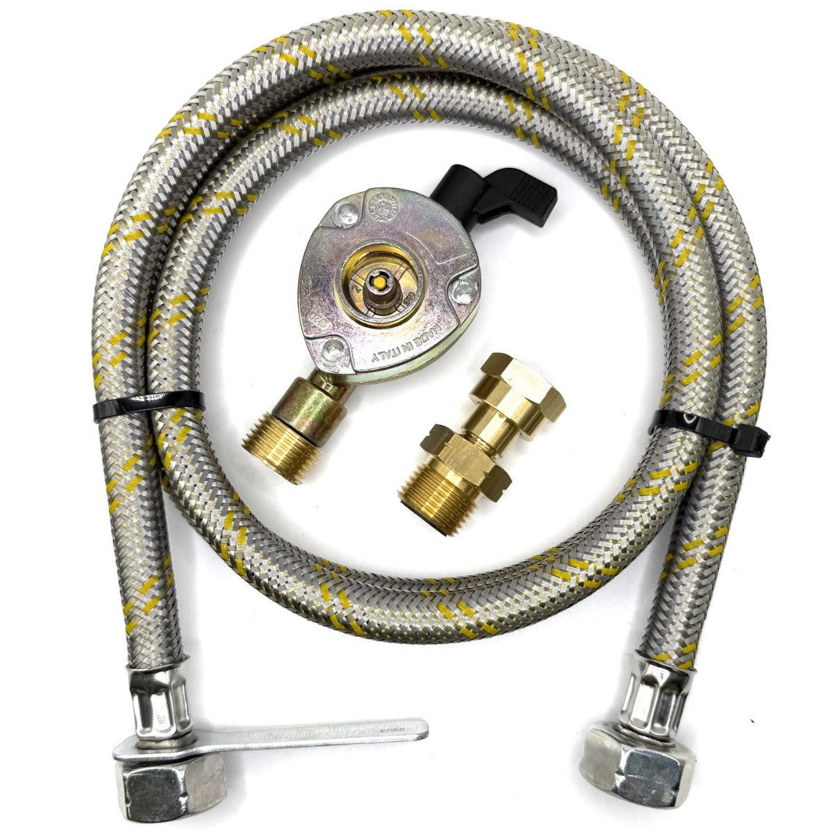 1 Meter Flexible Reinforced Steel Pipe With  SWIVEL W20 RH Fitting And 20mm Clip On Type Gas Bottle Adapter.