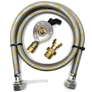 1.5 Meter Flexible Reinforced Steel Pipe With  SWIVEL W20 RH Fitting And 20mm Clip On Type Gas Bottle Adapter.