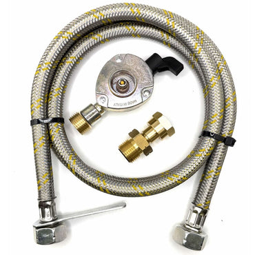 1.5 Meter Flexible Reinforced Steel Pipe With  SWIVEL W20 RH Fitting And 21mm Clip On Type Gas Bottle Adapter.