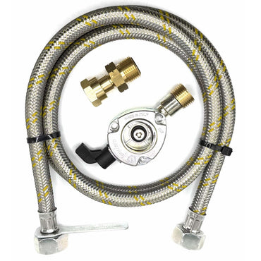 1.5 Meter Flexible Reinforced Steel Pipe With  SWIVEL W20 RH Fitting And 27mm Clip On Type Gas Bottle Adapter.