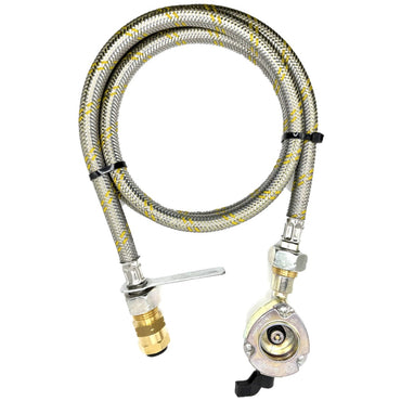 1.5 Meter Flexible Reinforced Steel Pipe With  SWIVEL W20 RH Fitting And 27mm Clip On Type Gas Bottle Adapter.