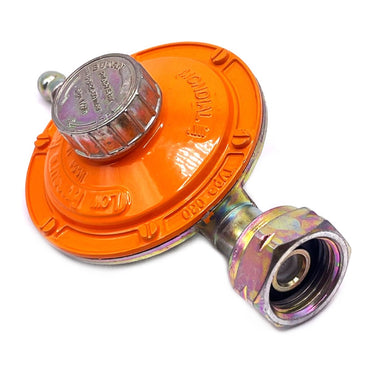 Adjustable gas pressure regulator for butane gas with excess flow valve,  20 mbar – 60mbar.  Inlet 21.8 mm LH – outlet barbed 8mm connector
