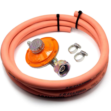 Adjustable gas pressure regulator for butane gas with excess flow valve,  20 mbar – 60mbar, gas pipe and 2 jubilee set.