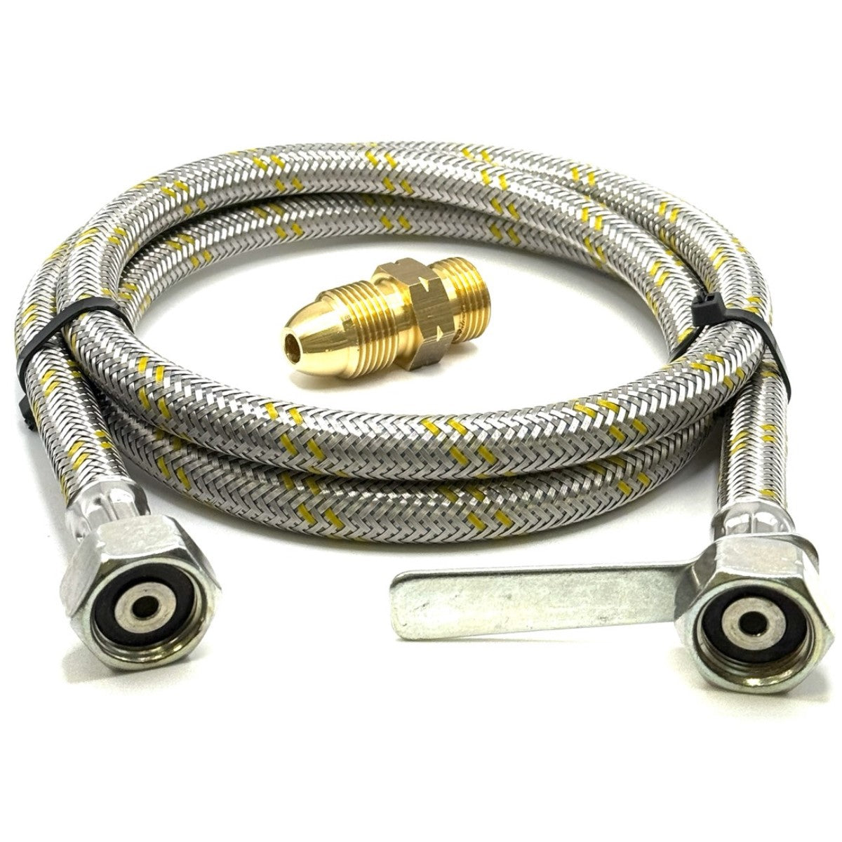 UK Gas Bottle 5/8" LH POL Adapter x to 21.8 mm LH pigtail With Reinforced pipe