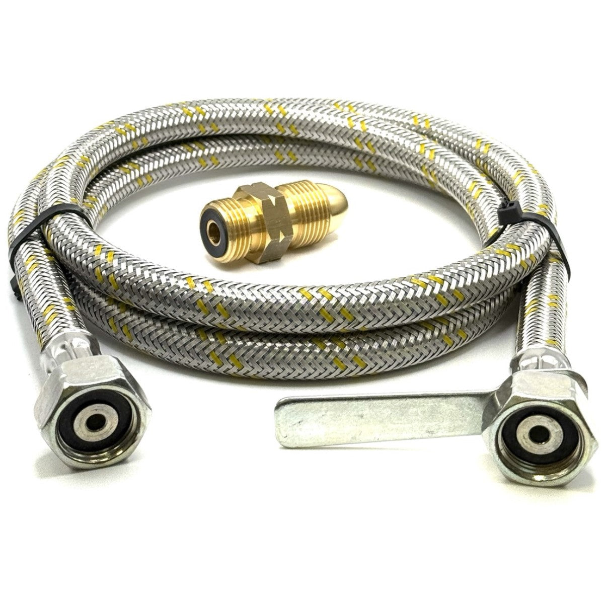 UK Gas Bottle 5/8" LH POL Adapter x to 21.8 mm LH pigtail With Reinforced pipe