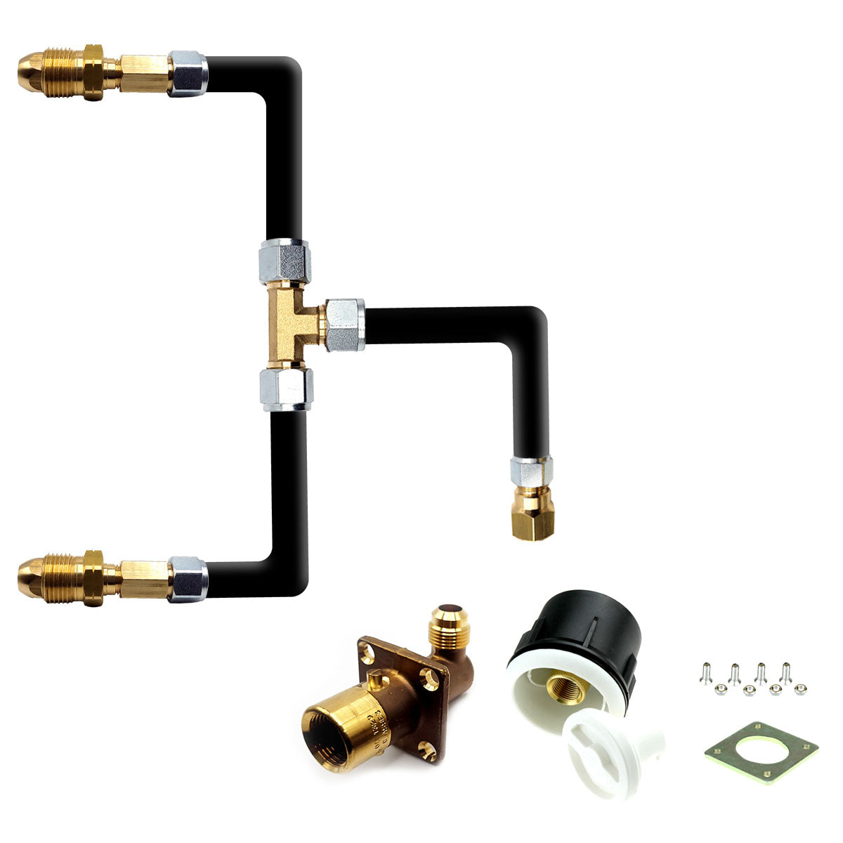 LPG Bayonet Elbow Filling Point to Two Gas Bottle Pol Swivel Connectors with Pipe and White Housing Box