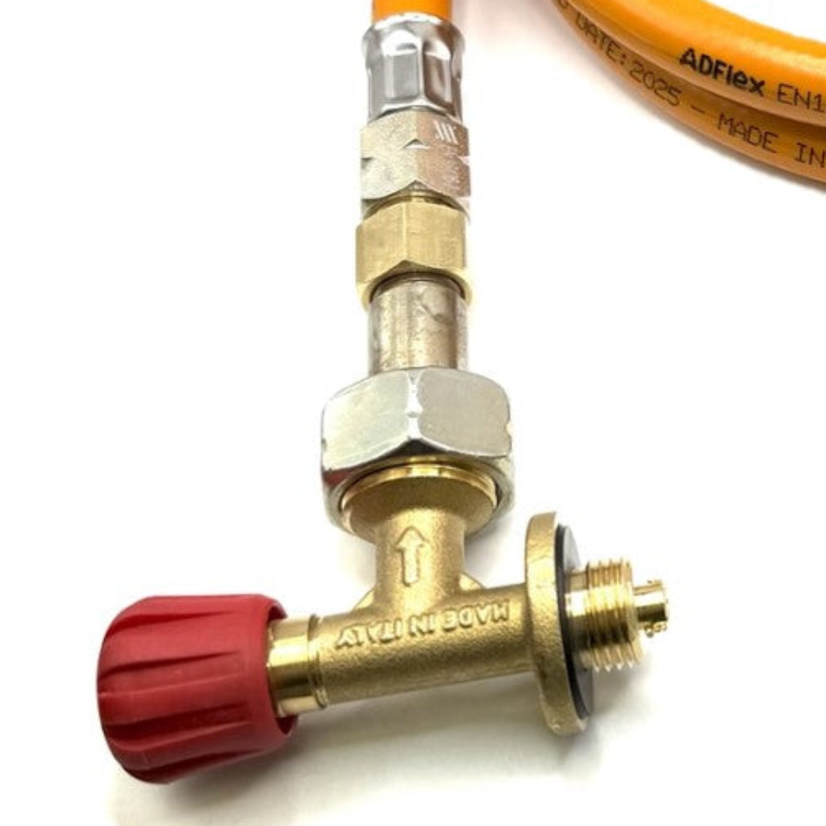 1.5m LPG High Pressure Orange Gas Hose With 20mm Clip On Type Gas Bottle Adapter without non return valve and Campingaz Cylinder Valve For Butane 901, 904 and 907 Cylinders Campingas
