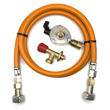 80cm LPG High Pressure Orange Gas Hose With 20mm Clip On Type Gas Bottle Adapter without non return valve and Campingaz Cylinder Valve For Butane 901, 904 and 907 Cylinders Campingas