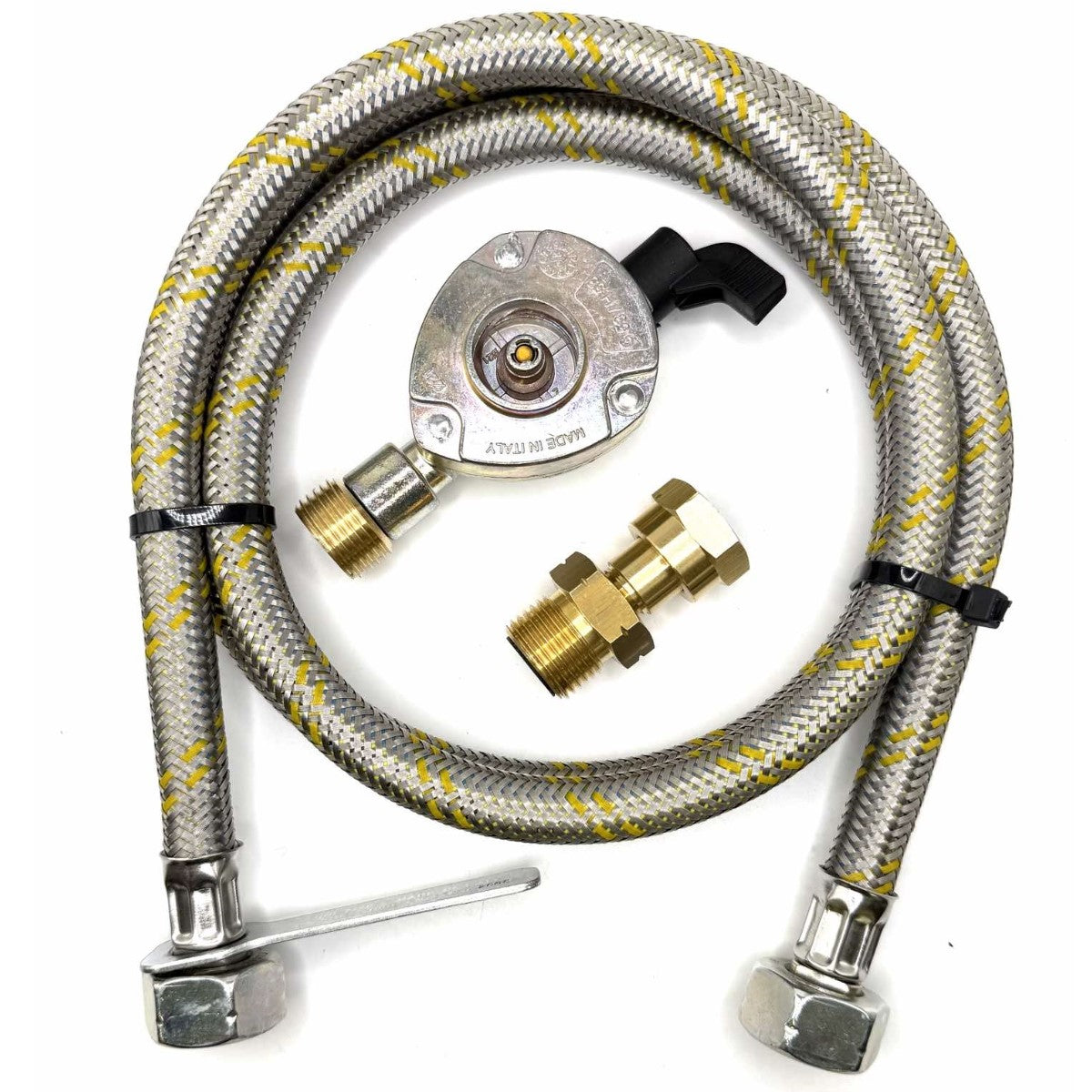 1 Meter Flexible Reinforced Steel Pipe With  SWIVEL W20 RH Fitting And 21mm Clip On Type Gas Bottle Adapter.