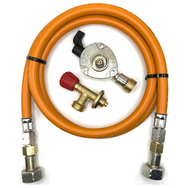 1.5m LPG High Pressure Orange Gas Hose With 21mm Clip On Type Gas Bottle Adapter without non return valve and Campingaz Cylinder Valve For Butane 901, 904 and 907 Cylinders Campingas