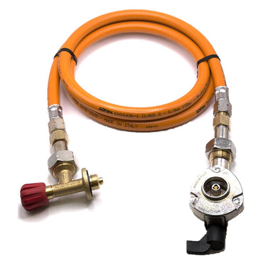 1.5m LPG High Pressure Orange Gas Hose With 21mm Clip On Type Gas Bottle Adapter without non return valve and Campingaz Cylinder Valve For Butane 901, 904 and 907 Cylinders Campingas
