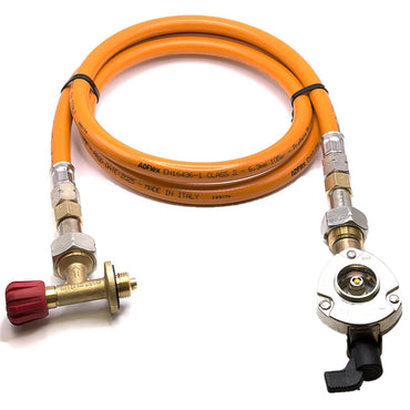 1.5m LPG High Pressure Orange Gas Hose With 22mm Clip On Type Gas Bottle Adapter without non return valve and Campingaz Cylinder Valve For Butane 901, 904 and 907 Cylinders Campingas