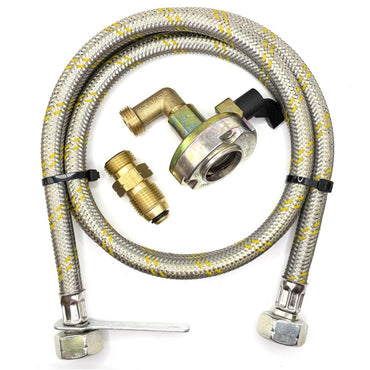 1 Meter metal flexible pipe with USA Gas Bottle LH POL Adapter to 21.8 mm LH to butane or KLF German type and 27mm Patio Clip On Type Adapter 21.8 mm L.H