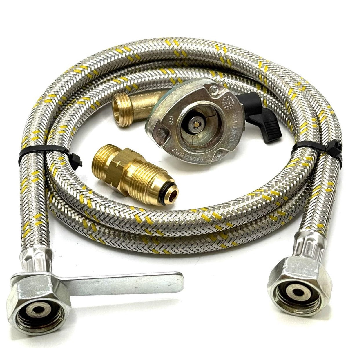 1 Meter metal flexible pipe with USA Gas Bottle LH POL Adapter to 21.8 mm LH to butane or KLF German type and 27mm Patio Clip On Type Adapter 21.8 mm L.H