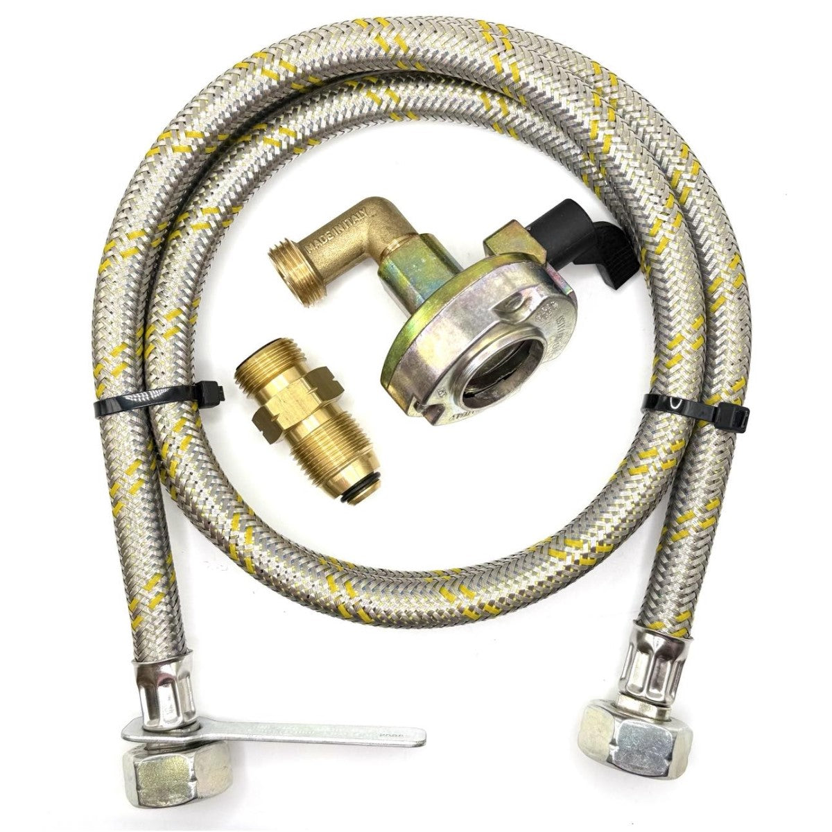 1.5 Meter metal flexible pipe with USA Gas Bottle LH POL Adapter to 21.8 mm LH to butane or KLF German type and 27mm Patio Clip On Type Adapter 21.8 mm L.H