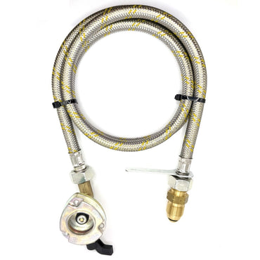 1.5 Meter metal flexible pipe with USA Gas Bottle LH POL Adapter to 21.8 mm LH to butane or KLF German type and 27mm Patio Clip On Type Adapter 21.8 mm L.H