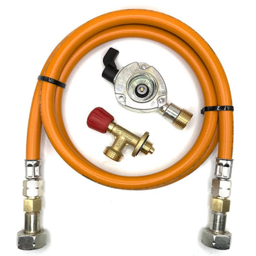 1.5m LPG High Pressure Orange Gas Hose With 27mm Clip On Type Gas Bottle Adapter without non return valve and Campingaz Cylinder Valve For Butane 901, 904 and 907 Cylinders Campingas