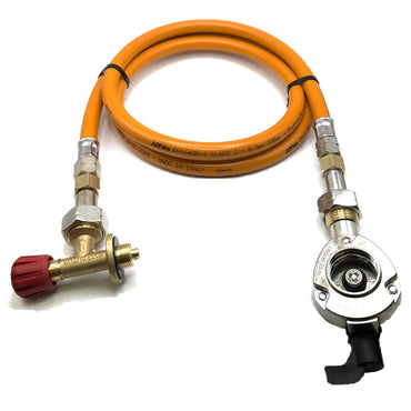 1.5m LPG High Pressure Orange Gas Hose With 27mm Clip On Type Gas Bottle Adapter without non return valve and Campingaz Cylinder Valve For Butane 901, 904 and 907 Cylinders Campingas