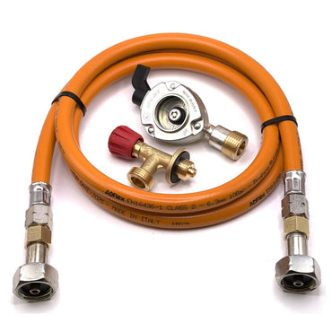 80cm LPG High Pressure Orange Gas Hose With 27mm Clip On Type Gas Bottle Adapter without non return valve and Campingaz Cylinder Valve For Butane 901, 904 and 907 Cylinders Campingas