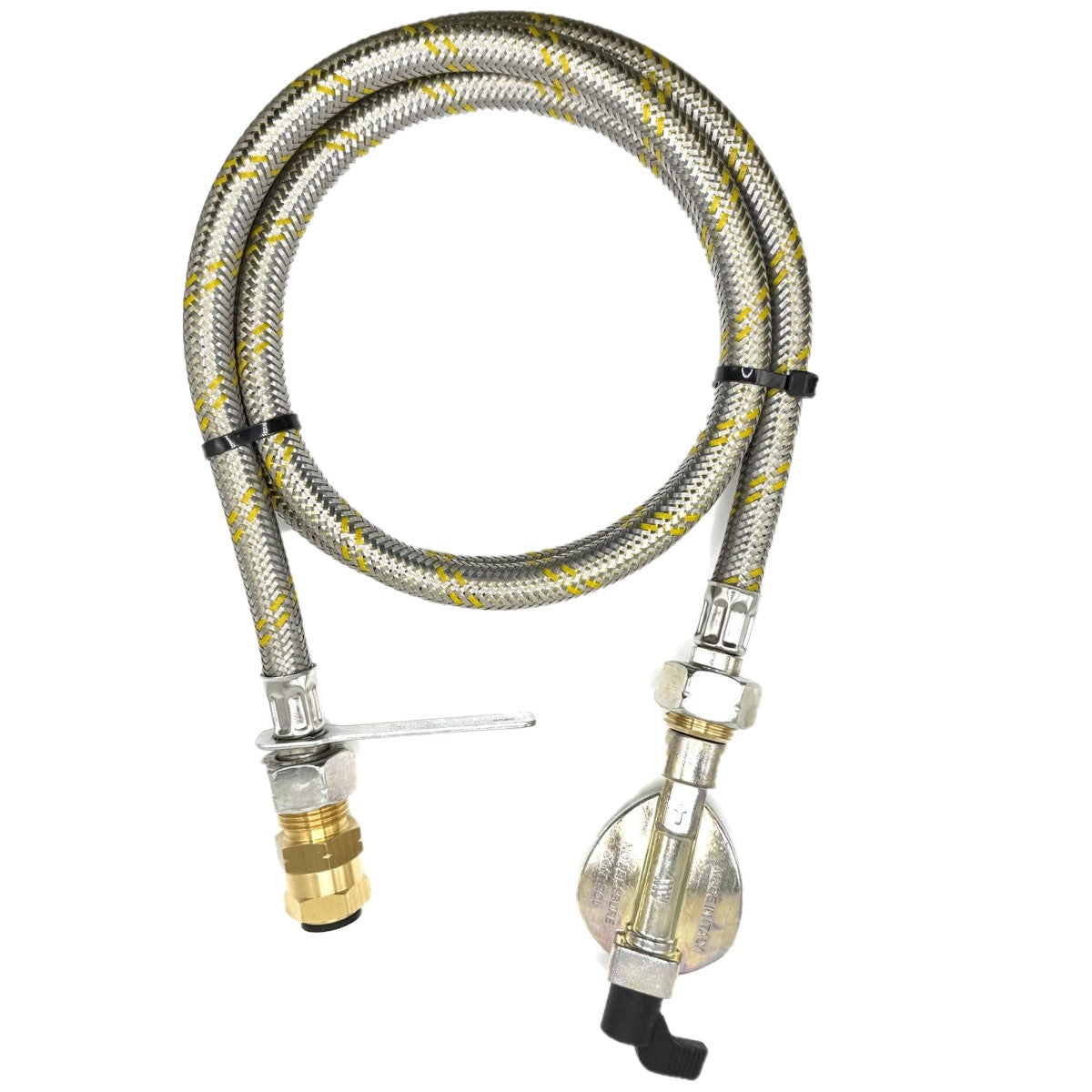 1.5 Meter Flexible Reinforced Steel Pipe With  SWIVEL W20 RH Fitting And 22mm Clip On Type Gas Bottle Adapter.