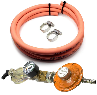 22 mm Clip On Type Gas Bottle Adapter Adjustable gas pressure regulator for butane gas with excess flow valve,  20 mbar – 60mbar, Gas pipe and 2 jubilee clips. (Copy)