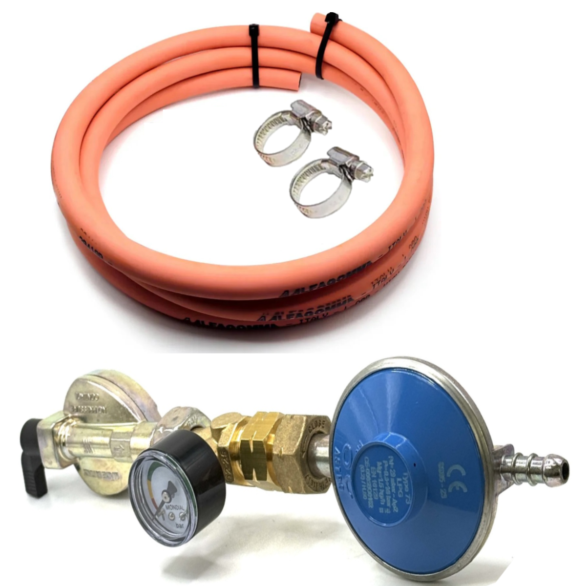37 mbar Propane Gas Regulator Standard POL Screw Type 1.5 Kg/H, CLIP – ON, QUICK -ON 27 mm x 21.8 LH with  orange hose and 2 clips
