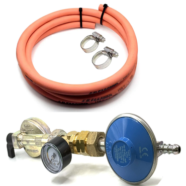 37 mbar Propane Gas Regulator Standard POL Screw Type 1.5 Kg/H, CLIP – ON, QUICK -ON 27 mm x 21.8 LH with  orange hose and 2 clips