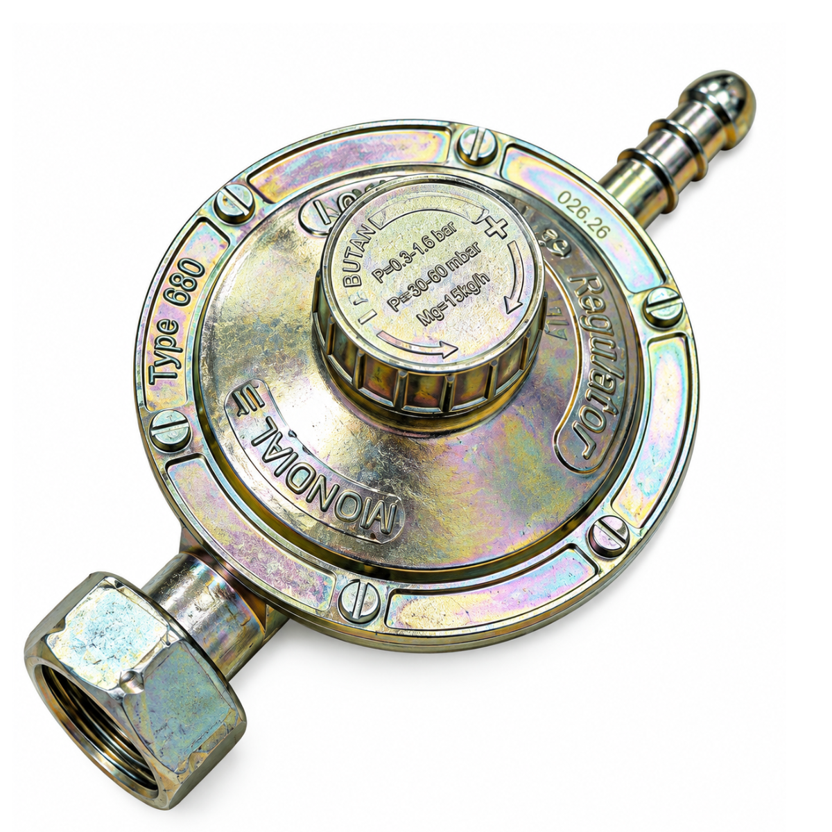 21mm Clip On Gas Cylinder Adapter Set with 20 mbar – 60mbar Butane Regulator Inlet 21.8 mm LH – outlet barbed 8mm connector