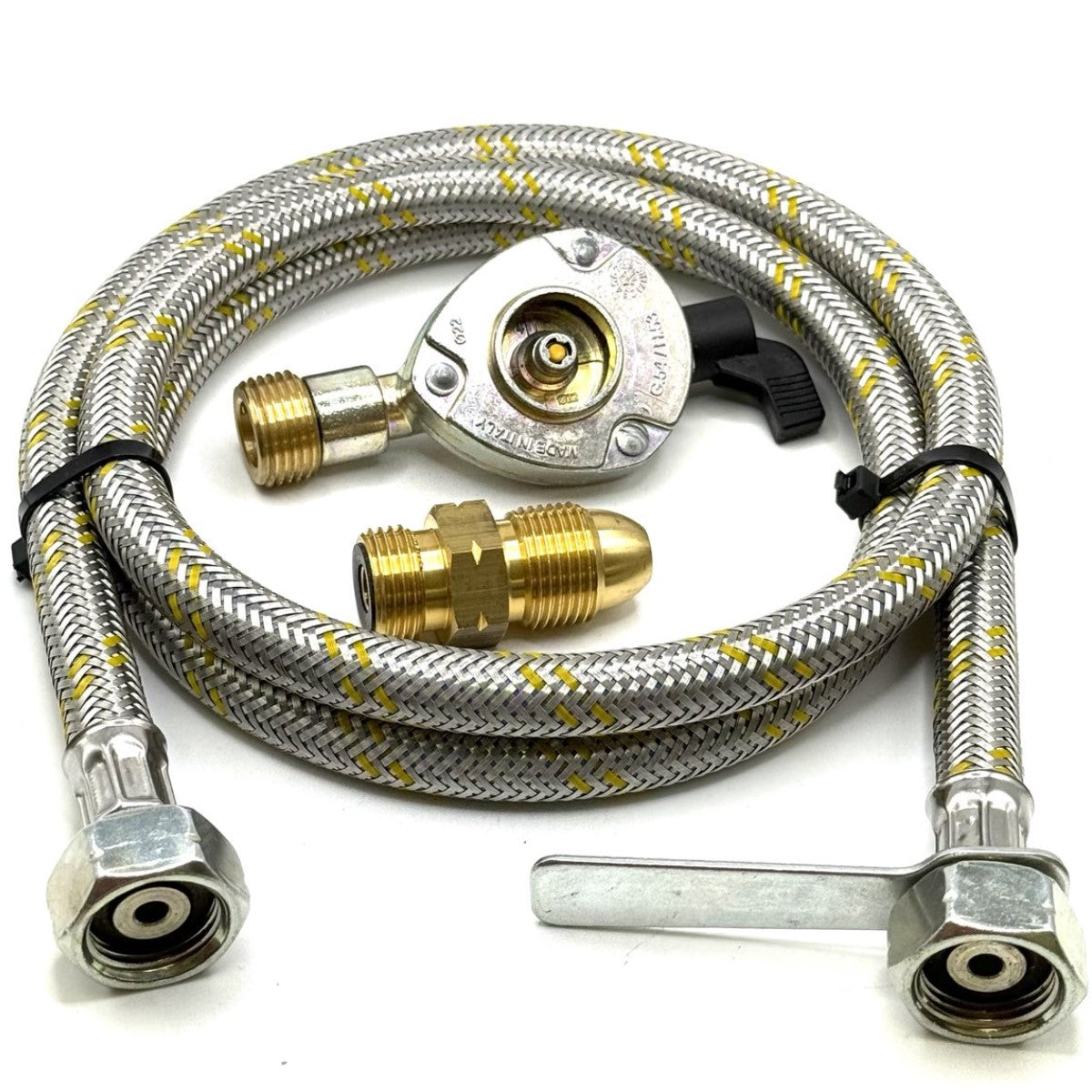 1 Meter metal flexible pipe with UK Gas Bottle 5/8" LH POL Adapter to 21.8mm LH to butane or KLF German type and 22mm GAS ADAPTER CLIP – ON 21.8mm LH.