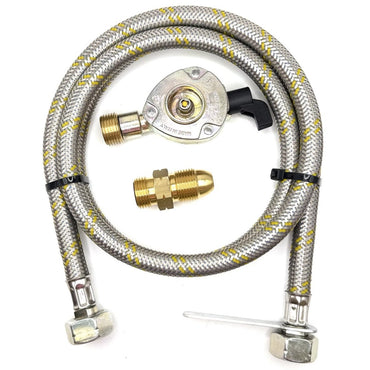 1 Meter metal flexible pipe with UK Gas Bottle 5/8" LH POL Adapter to 21.8mm LH to butane or KLF German type and 22mm GAS ADAPTER CLIP – ON 21.8mm LH.