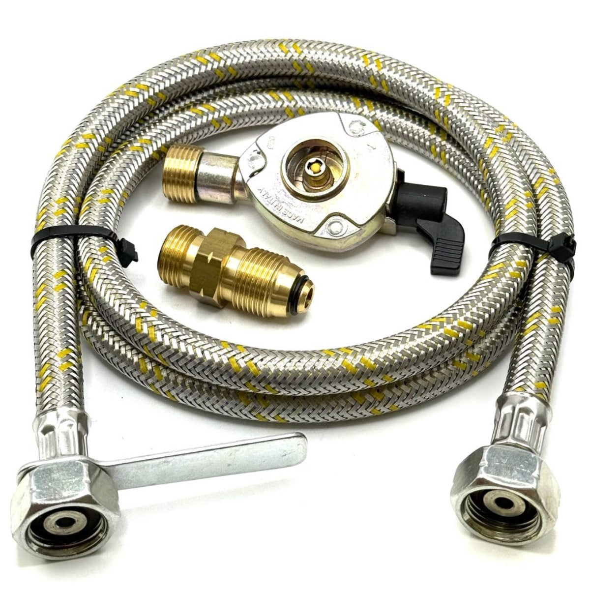 1 Meter metal flexible pipe with USA Gas Bottle LH POL Adapter to 21.8 mm LH to butane or KLF German type and 20mm GAS ADAPTER CLIP – ON 21.8 LH