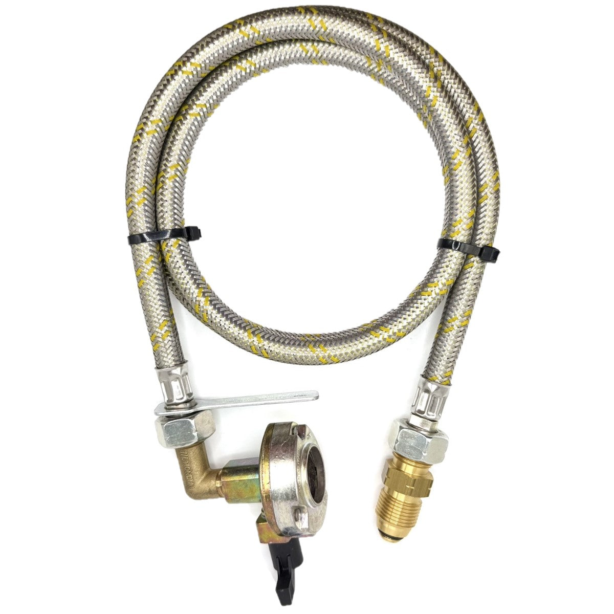 1 Meter metal flexible pipe with USA Gas Bottle LH POL Adapter to 21.8 mm LH to butane or KLF German type and 27mm Patio Clip On Type Adapter 21.8 mm L.H