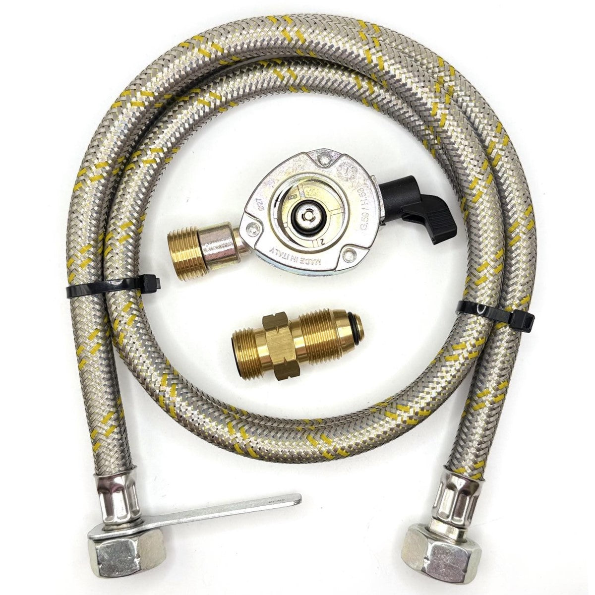 1.5 Meter metal flexible pipe with USA Gas Bottle LH POL Adapter to 21.8 mm LH to butane or KLF German type and 27mm GAS ADAPTER CLIP – ON 21.8 LH