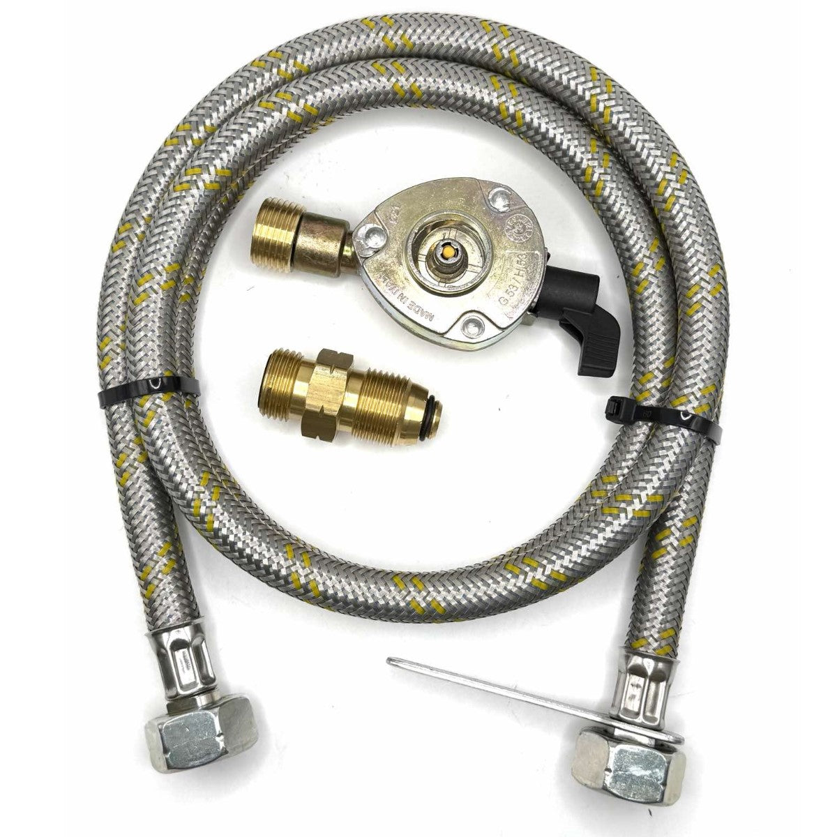 1 Meter metal flexible pipe with USA Gas Bottle LH POL Adapter to 21.8 mm LH to butane or KLF German type and 21mm GAS ADAPTER CLIP – ON 21.8 LH