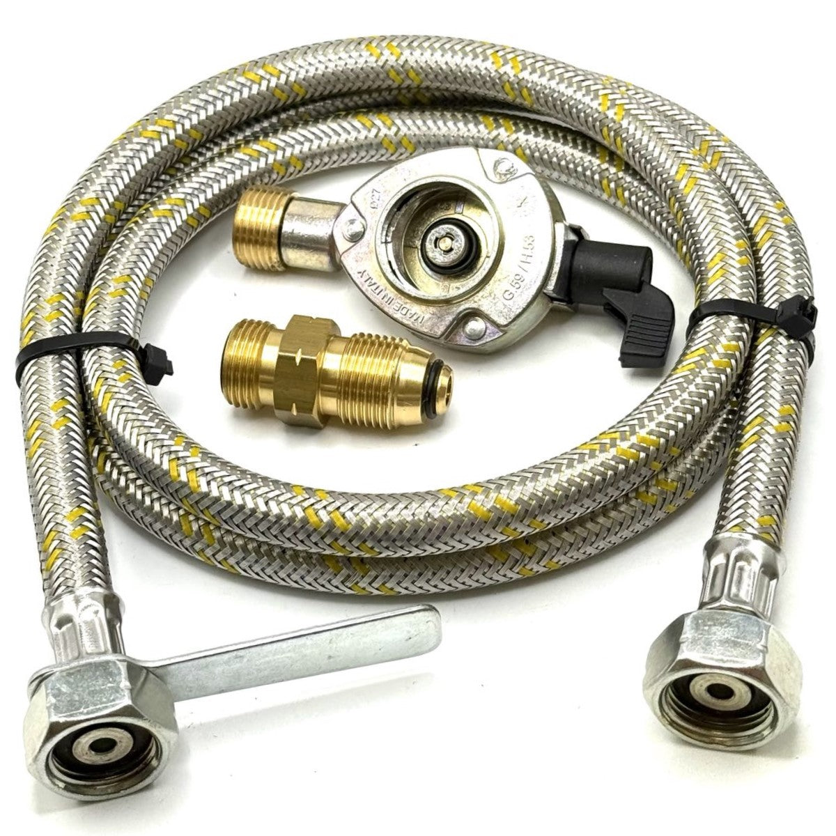 1.5 Meter metal flexible pipe with USA Gas Bottle LH POL Adapter to 21.8 mm LH to butane or KLF German type and 27mm GAS ADAPTER CLIP – ON 21.8 LH