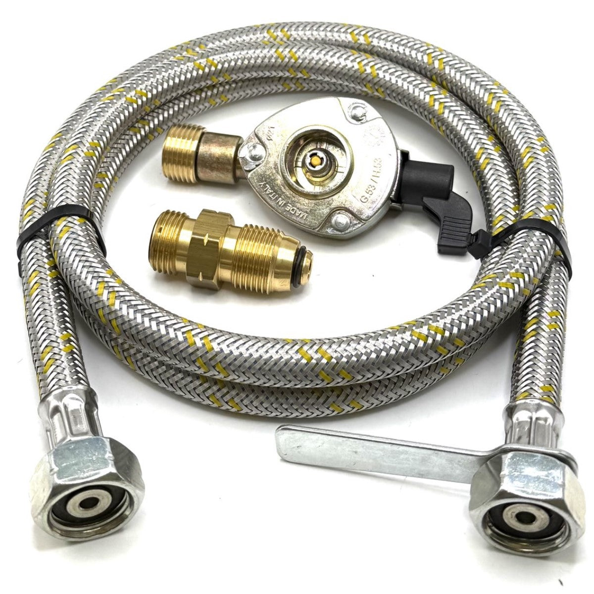 1 Meter metal flexible pipe with USA Gas Bottle LH POL Adapter to 21.8 mm LH to butane or KLF German type and 21mm GAS ADAPTER CLIP – ON 21.8 LH