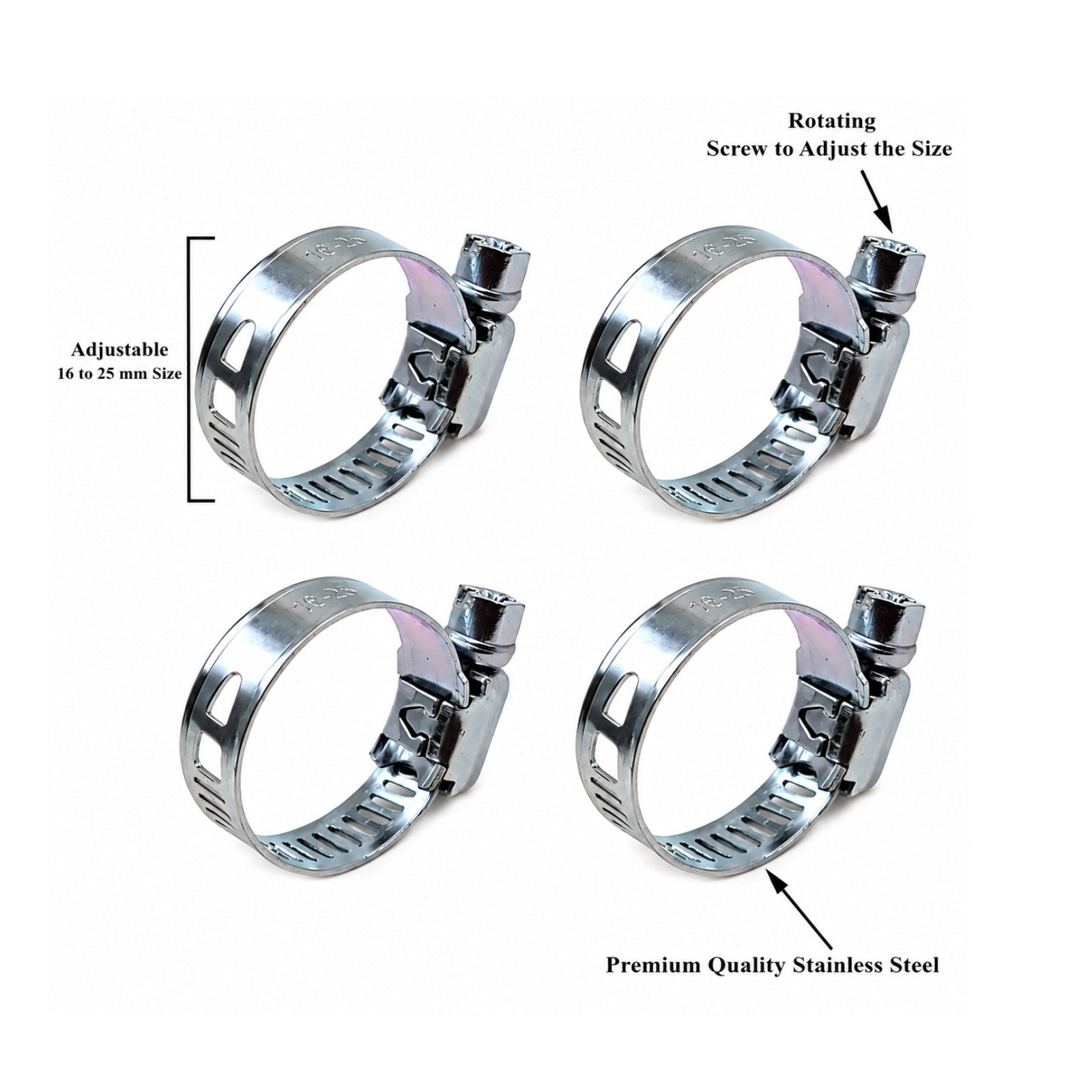 4 Pcs Hose Jubilee clips Adjustable Hose Clamp 16-25mm Range  Steel