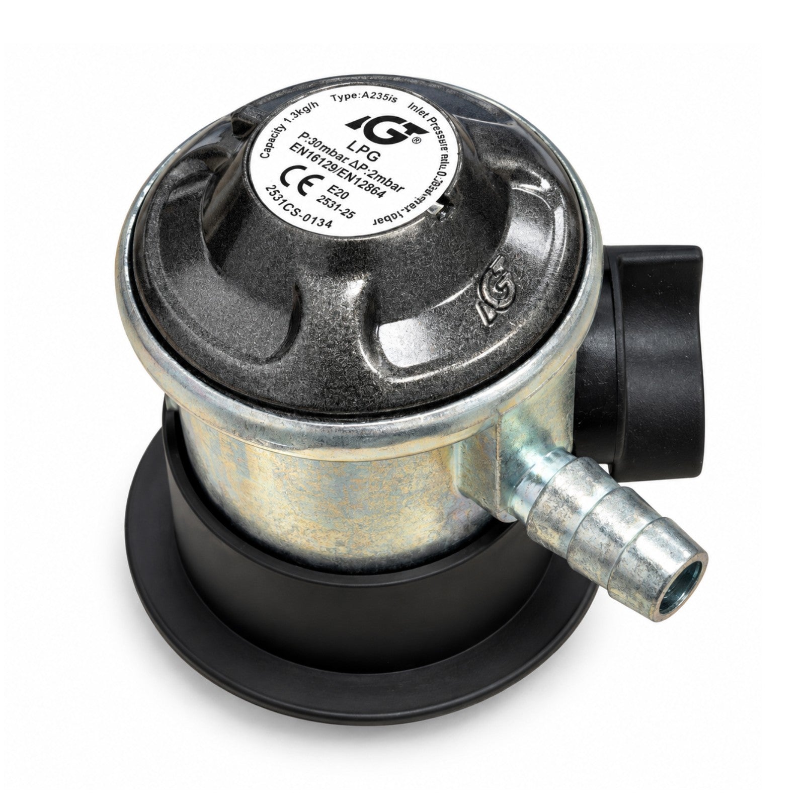LPG 35mm Jumbo Clip On Butane Gas Pressure Regulator 10mm Outlet 29mbar Flow 1.5kg/h