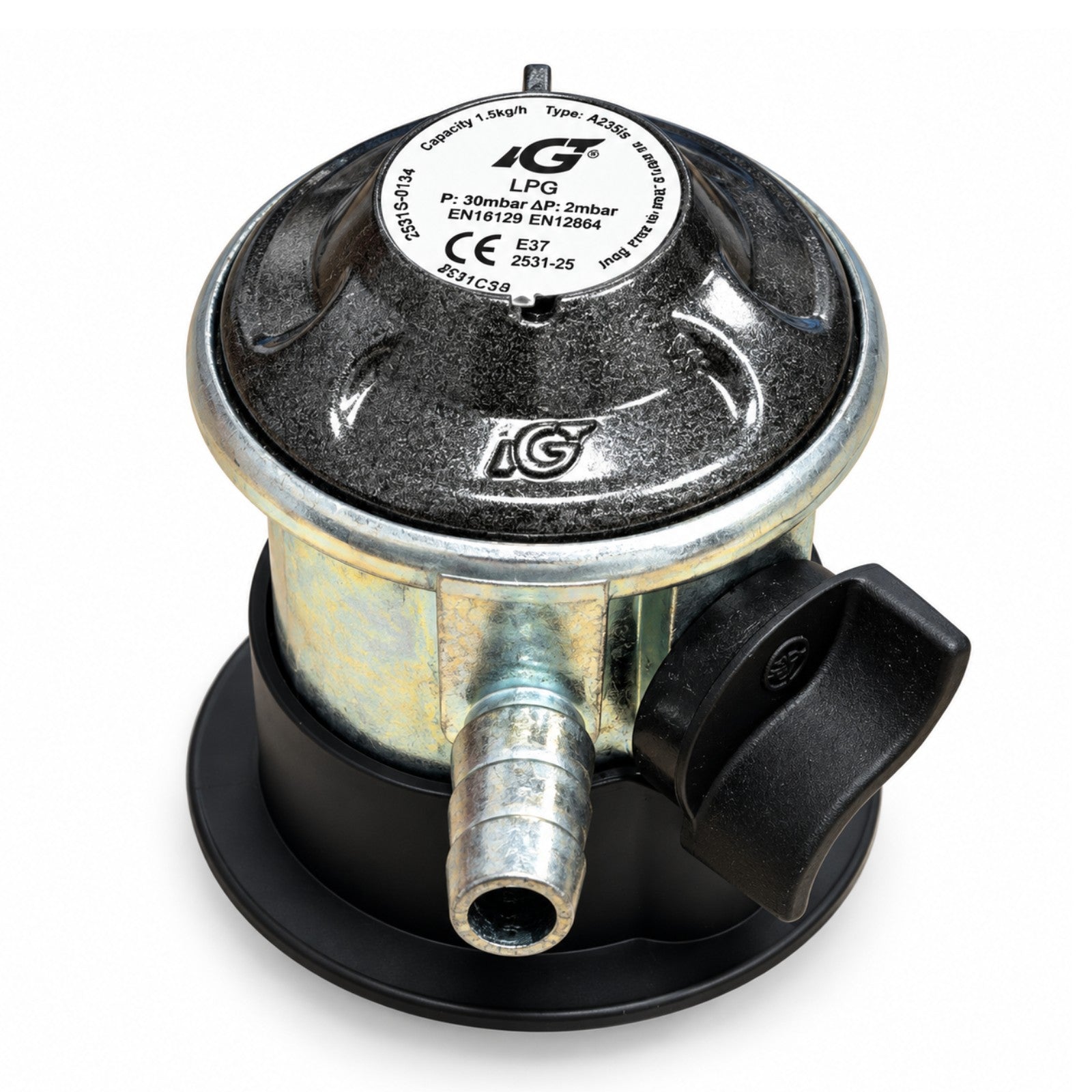 LPG 35mm Jumbo Clip On Butane Gas Pressure Regulator 10mm Outlet 29mbar Flow 1.5kg/h
