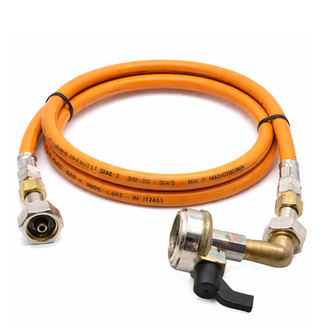 1.5m LPG High Pressure Orange Gas Pipe Hose With 27mm Angled Clip On Type Gas Bottle Adapter without non return valve x 21.8mm LH