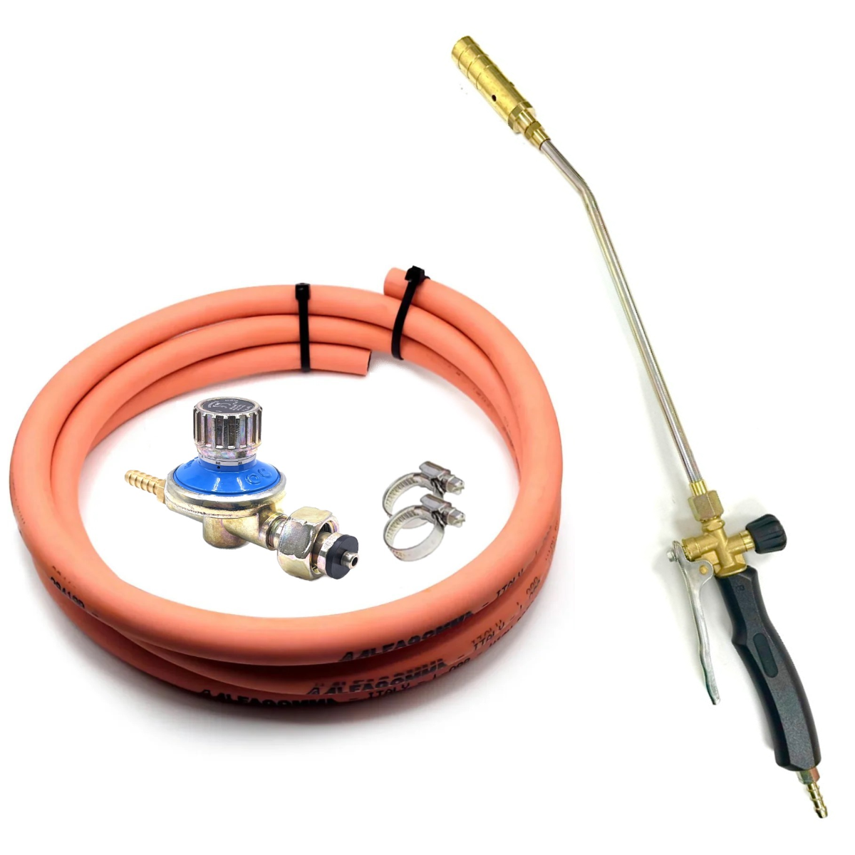 Torch Weed Burner 22mm nozzle + Adjustable High Pressure LPG Regulator 21.8mm LH - 10kg/h + 2m Hose