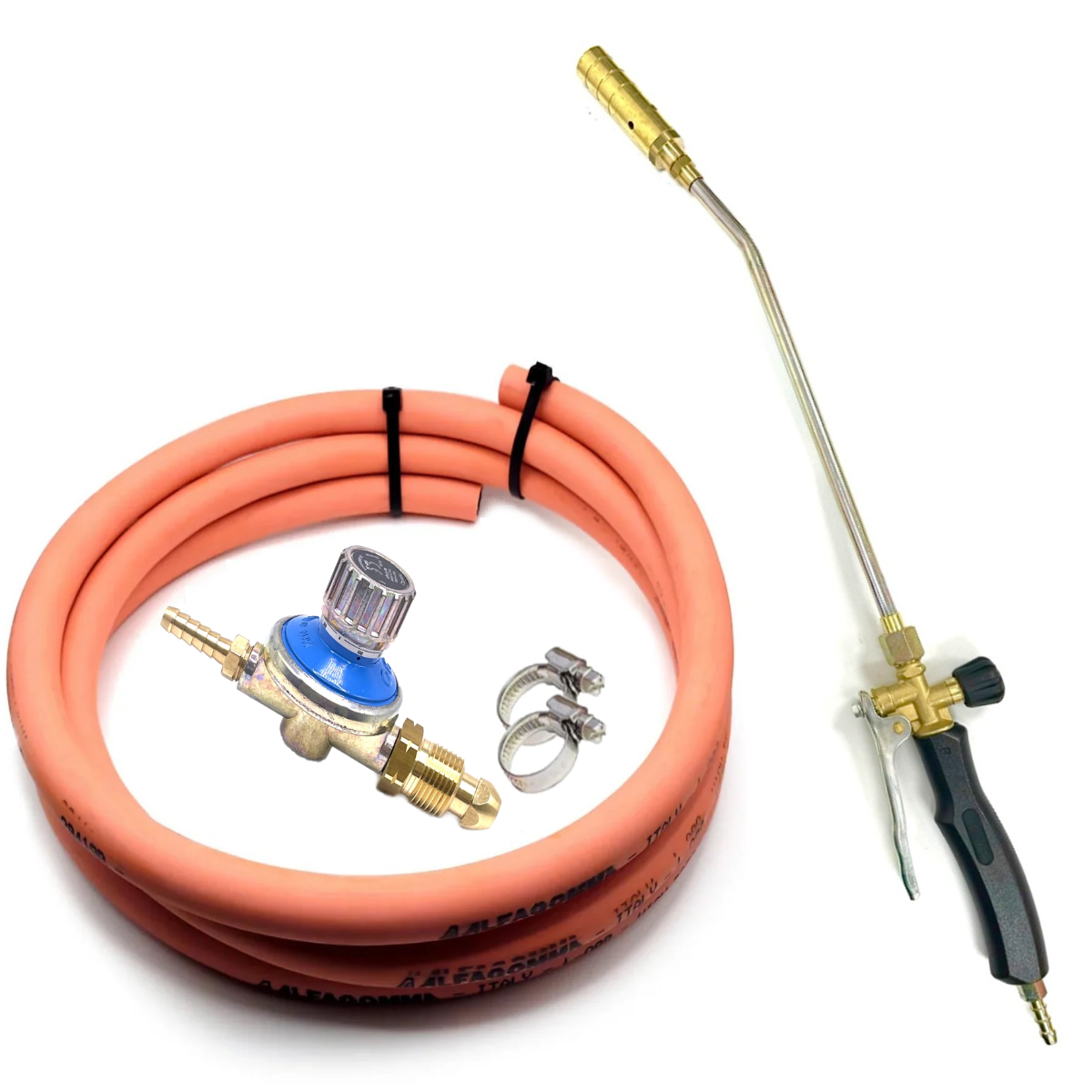 Torch Weed Burner 22mm nozzle + Adjustable High Pressure LPG Regulator POL 5/8"- 10kg/h + 2m Hose