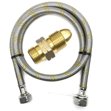 UK Gas Bottle 5/8" LH POL Adapter to 21.8 mm LH to butane or KLF With Flexible Reinforced Steel Pipe