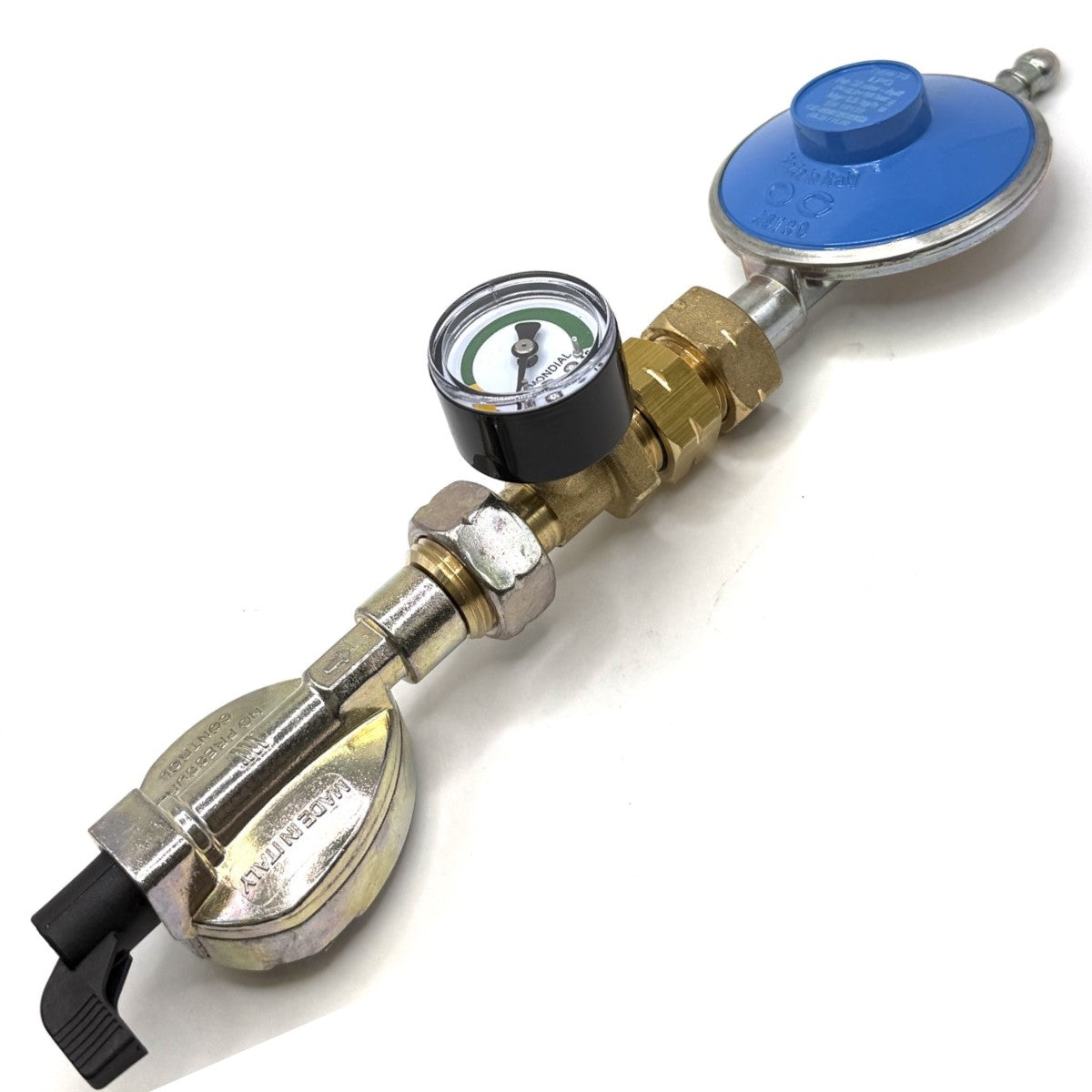 37 mbar Propane Gas Regulator Standard POL Screw Type 1.5 Kg/H, CLIP – ON, QUICK -ON 20 mm x 21.8 LH with  orange hose and 2 clips.