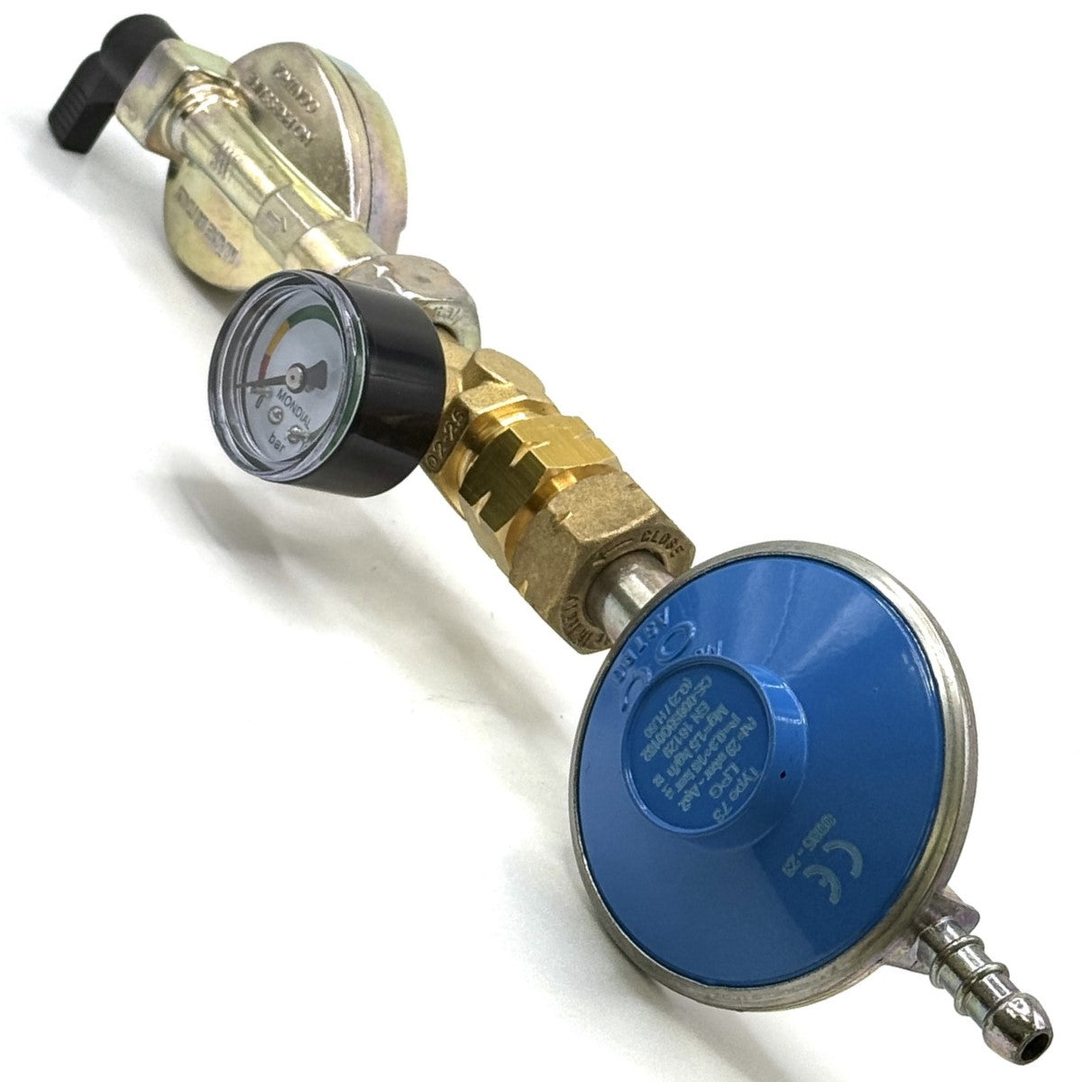 37 mbar Propane Gas Regulator Standard POL Screw Type 1.5 Kg/H, CLIP – ON, QUICK -ON 20 mm x 21.8 LH with  orange hose and 2 clips.