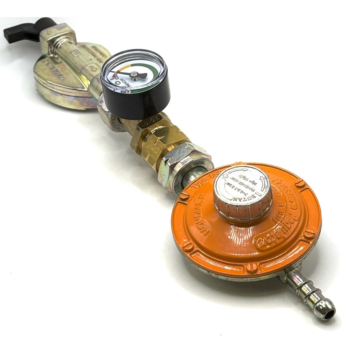 21 mm Clip On Type Gas Bottle Adapter Adjustable gas pressure regulator for butane gas with excess flow valve,  20 mbar – 60mbar, Gas pipe and 2 jubilee clips.