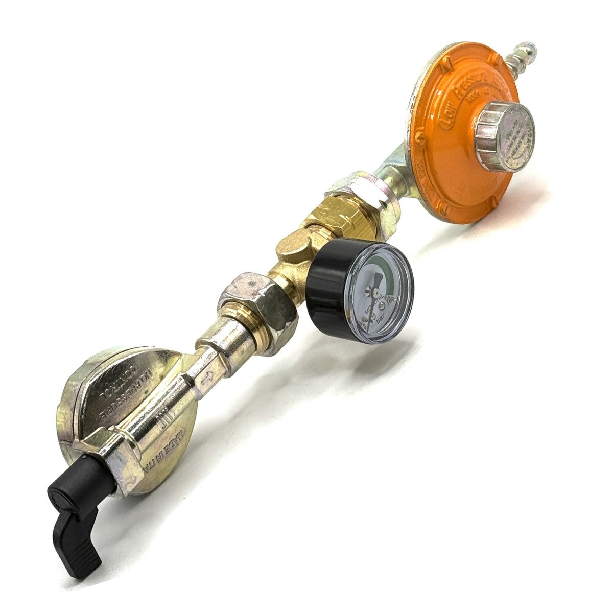 21 mm Clip On Type Gas Bottle Adapter Adjustable gas pressure regulator for butane gas with excess flow valve,  20 mbar – 60mbar, Gas pipe and 2 jubilee clips.