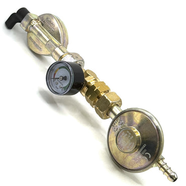 27 mm Clip On Type Gas Bottle Adapter, 37 Mbar Propane Regulator L.H, LPG FIitting With Pressure Gauge and Orange hose.