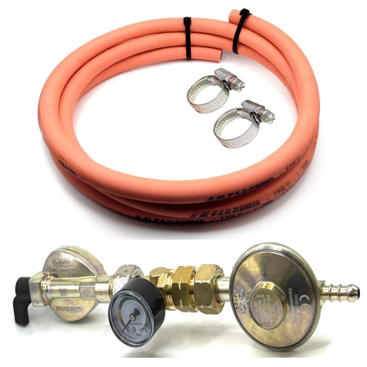 27 mm Clip On Type Gas Bottle Adapter, 37 Mbar Propane Regulator L.H, LPG FIitting With Pressure Gauge and Orange hose.